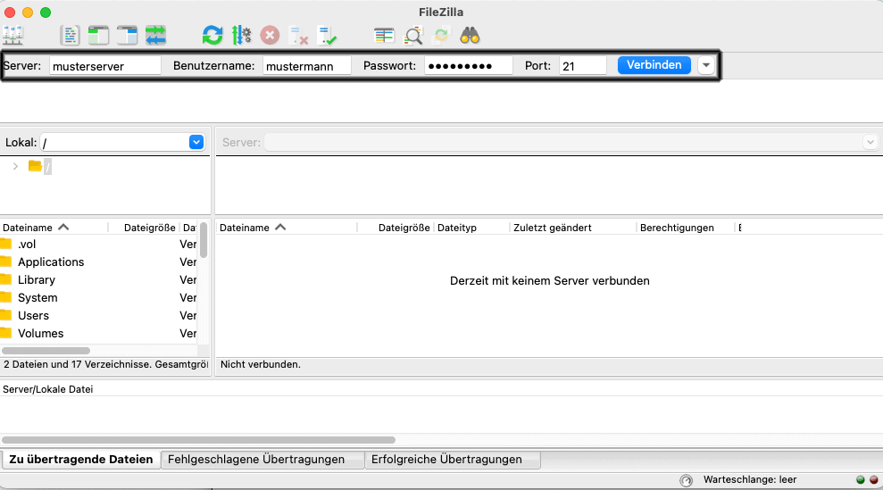 Filezilla FTP Server Verbinden
