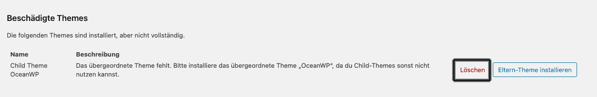 OceanWP Child-Theme beschädigt
