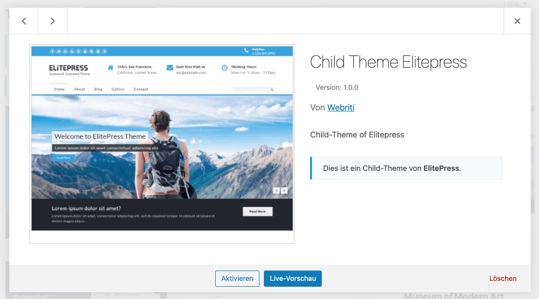Wordpress Child-Theme Elitepress aktivieren