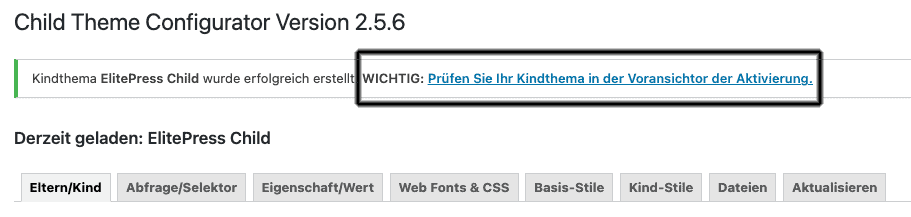 WordPress Plugin Child-Theme Configurator Aktiviert